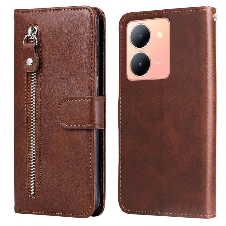 For vivo Y78 5G / Y78+ 5G Calf Texture Leather Anti-drop Stand Cover Zipper Pocket Wallet Phone Case - Brown