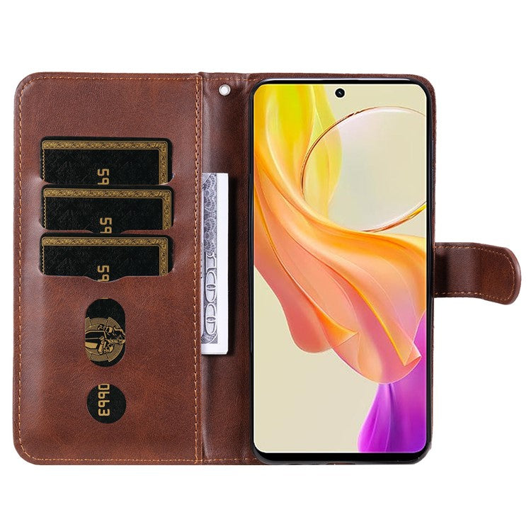 For vivo Y78 5G / Y78+ 5G Calf Texture Leather Anti-drop Stand Cover Zipper Pocket Wallet Phone Case - Brown