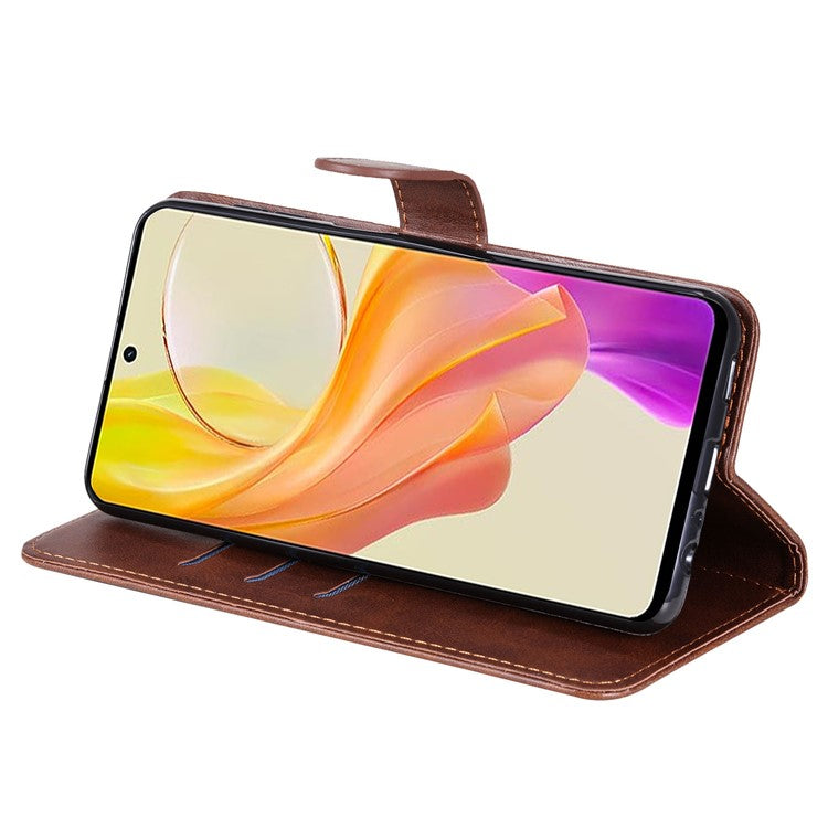 For vivo Y78 5G / Y78+ 5G Calf Texture Leather Anti-drop Stand Cover Zipper Pocket Wallet Phone Case - Brown