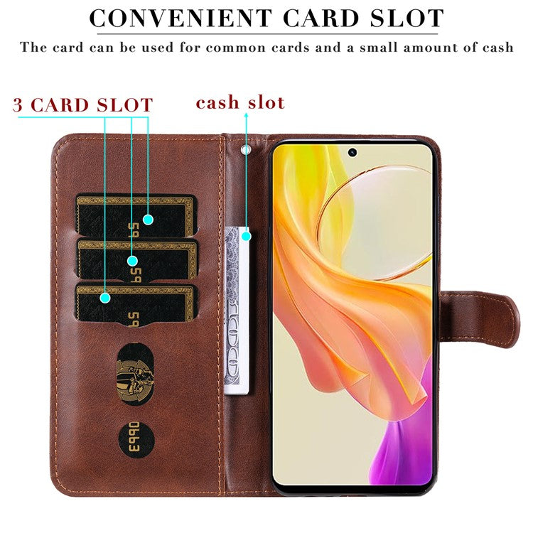 For vivo Y78 5G / Y78+ 5G Calf Texture Leather Anti-drop Stand Cover Zipper Pocket Wallet Phone Case - Brown