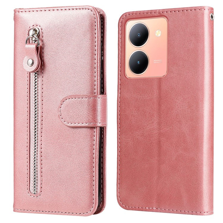 For vivo Y78 5G / Y78+ 5G Calf Texture Leather Anti-drop Stand Cover Zipper Pocket Wallet Phone Case - Pink