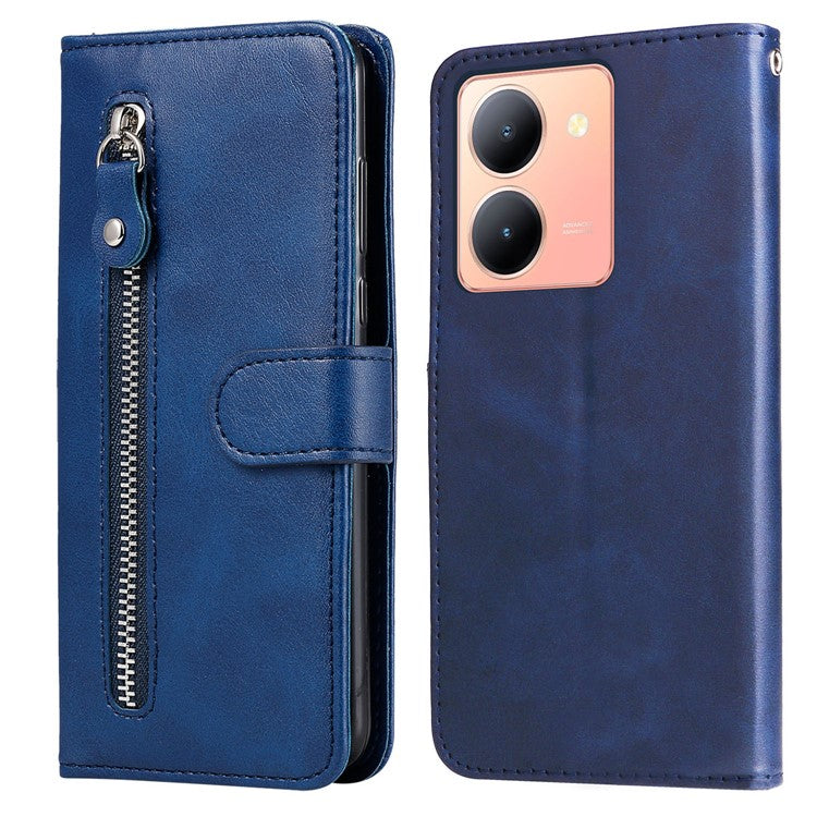 For vivo Y78 5G / Y78+ 5G Calf Texture Leather Anti-drop Stand Cover Zipper Pocket Wallet Phone Case - Blue