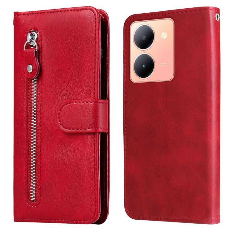 For vivo Y78 5G / Y78+ 5G Calf Texture Leather Anti-drop Stand Cover Zipper Pocket Wallet Phone Case - Red