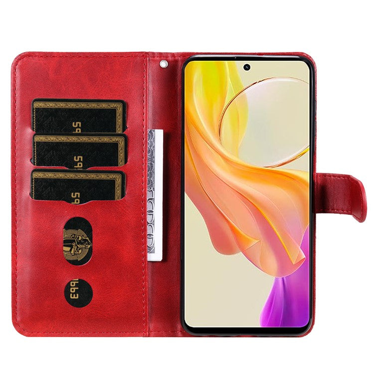 For vivo Y78 5G / Y78+ 5G Calf Texture Leather Anti-drop Stand Cover Zipper Pocket Wallet Phone Case - Red