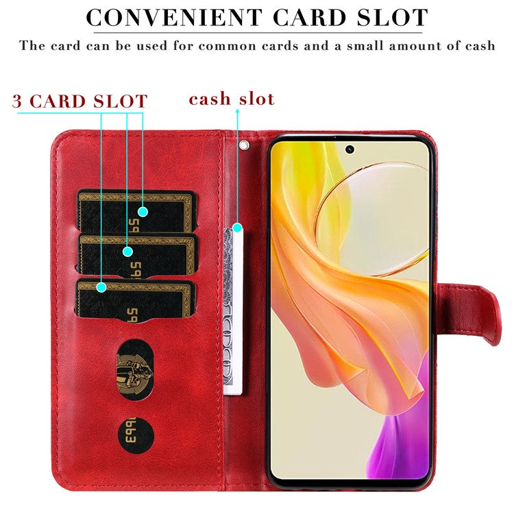 For vivo Y78 5G / Y78+ 5G Calf Texture Leather Anti-drop Stand Cover Zipper Pocket Wallet Phone Case - Red