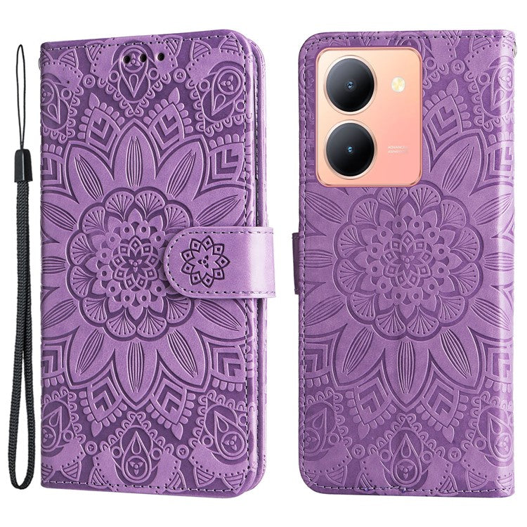 For vivo Y78+ 5G / Y78 5G Sunflower Imprinted Leather Wallet Case Phone Flip Stand Cover - Purple