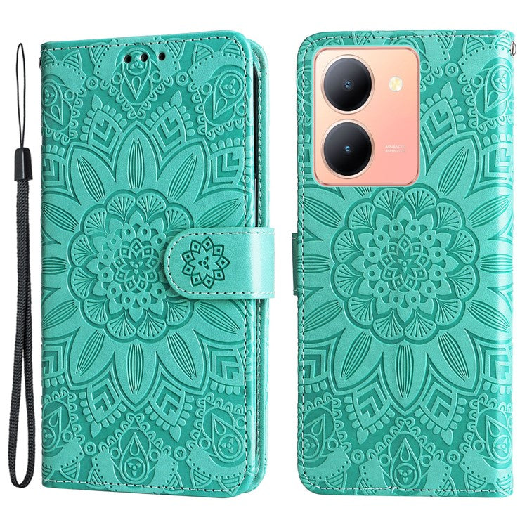 For vivo Y78+ 5G / Y78 5G Sunflower Imprinted Leather Wallet Case Phone Flip Stand Cover - Green