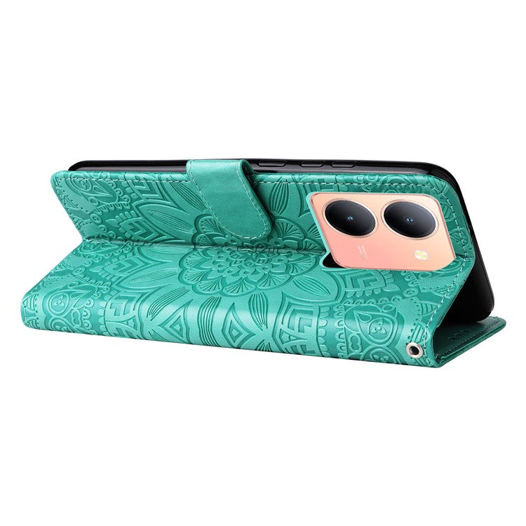 For vivo Y78+ 5G / Y78 5G Sunflower Imprinted Leather Wallet Case Phone Flip Stand Cover - Green