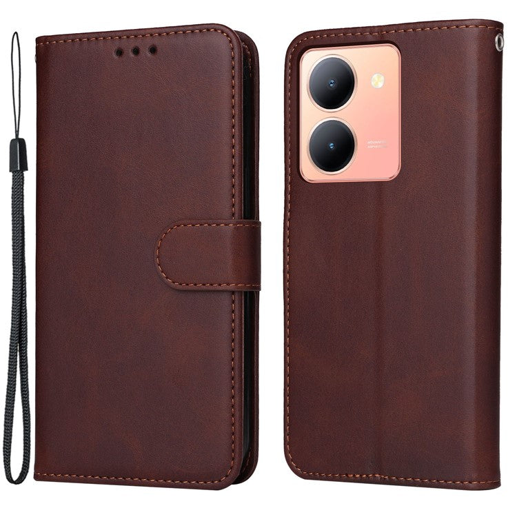 For vivo Y78+ 5G / Y78 5G Calf Texture Phone Cover Wallet Stand Cell Phone Case with Strap - Brown