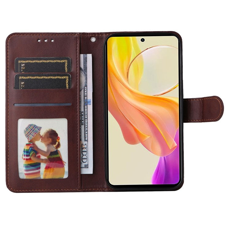 For vivo Y78+ 5G / Y78 5G Calf Texture Phone Cover Wallet Stand Cell Phone Case with Strap - Brown