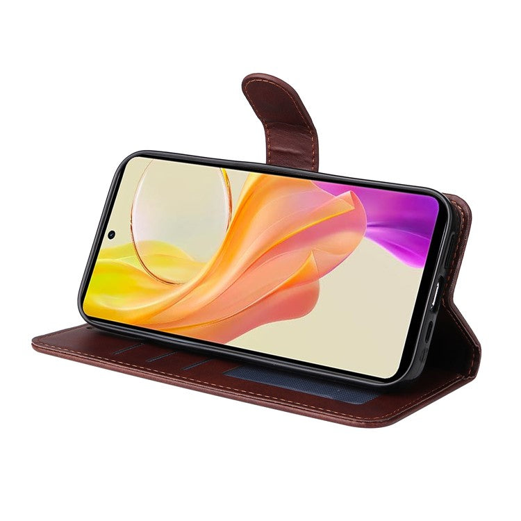 For vivo Y78+ 5G / Y78 5G Calf Texture Phone Cover Wallet Stand Cell Phone Case with Strap - Brown