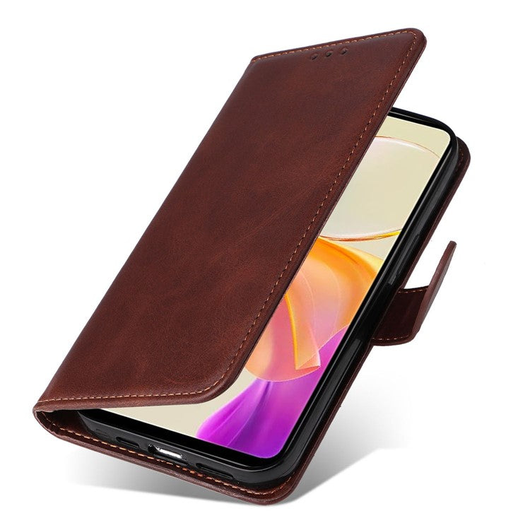 For vivo Y78+ 5G / Y78 5G Calf Texture Phone Cover Wallet Stand Cell Phone Case with Strap - Brown