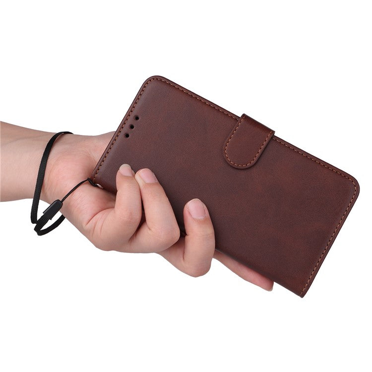 For vivo Y78+ 5G / Y78 5G Calf Texture Phone Cover Wallet Stand Cell Phone Case with Strap - Brown