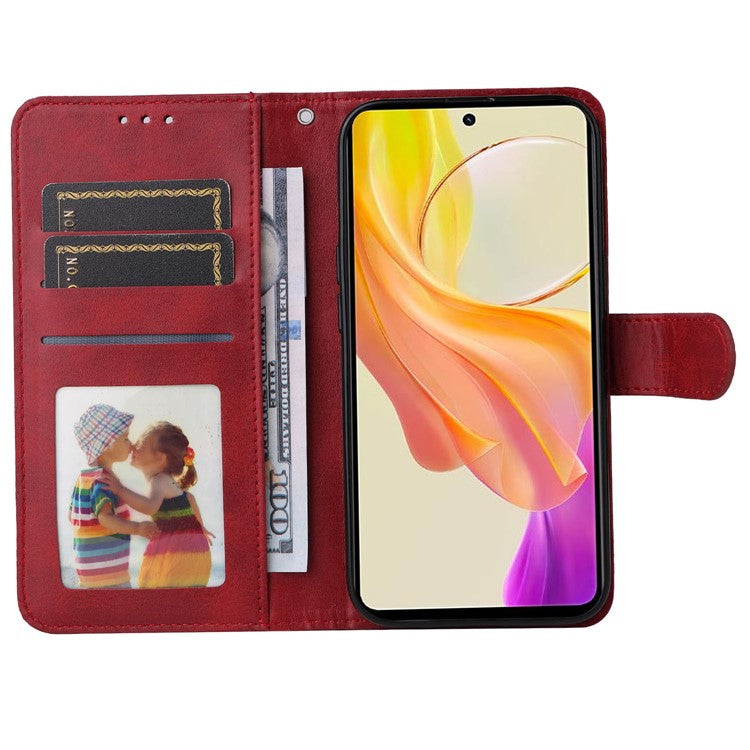 For vivo Y78+ 5G / Y78 5G Calf Texture Phone Cover Wallet Stand Cell Phone Case with Strap - Red