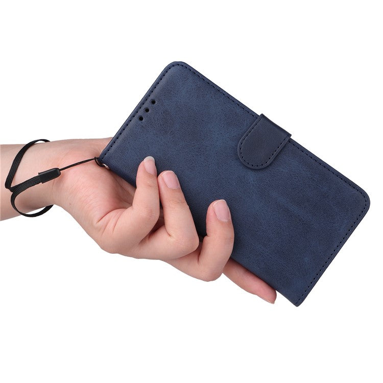 For vivo Y78+ 5G / Y78 5G Calf Texture Phone Cover Wallet Stand Cell Phone Case with Strap - Blue