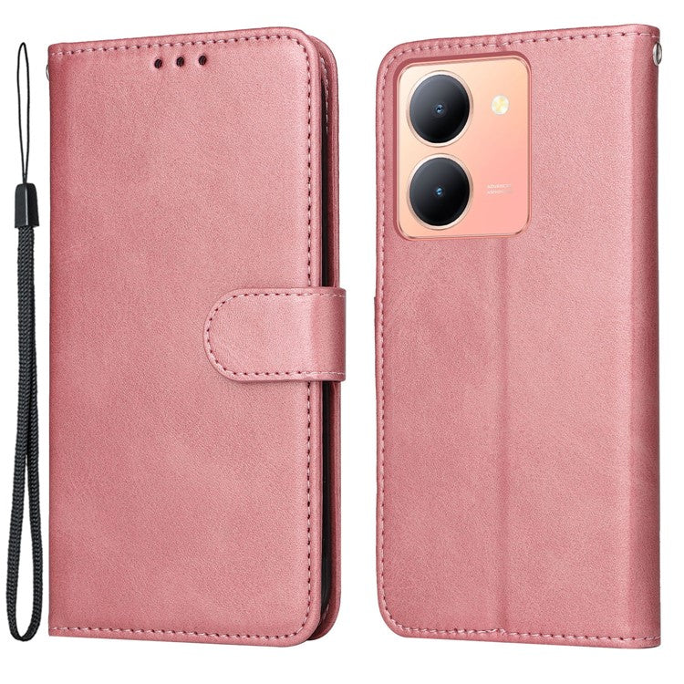 For vivo Y78+ 5G / Y78 5G Calf Texture Phone Cover Wallet Stand Cell Phone Case with Strap - Pink