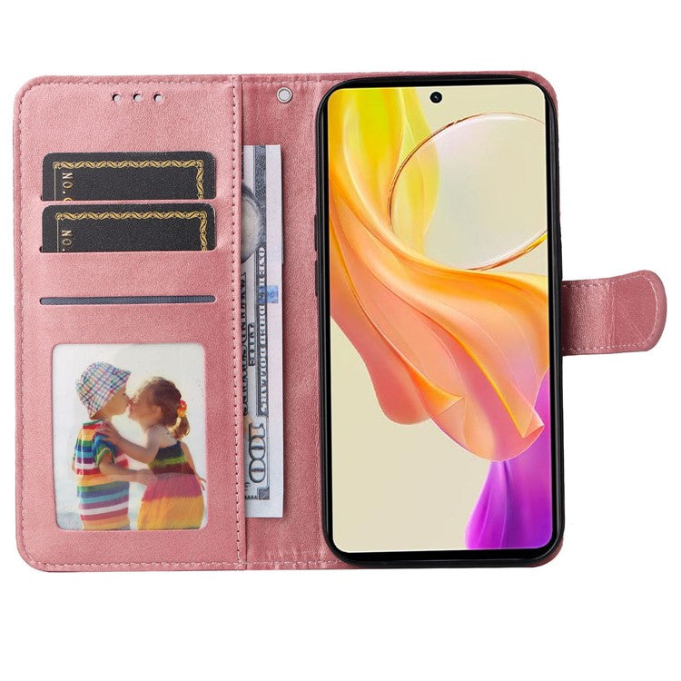 For vivo Y78+ 5G / Y78 5G Calf Texture Phone Cover Wallet Stand Cell Phone Case with Strap - Pink