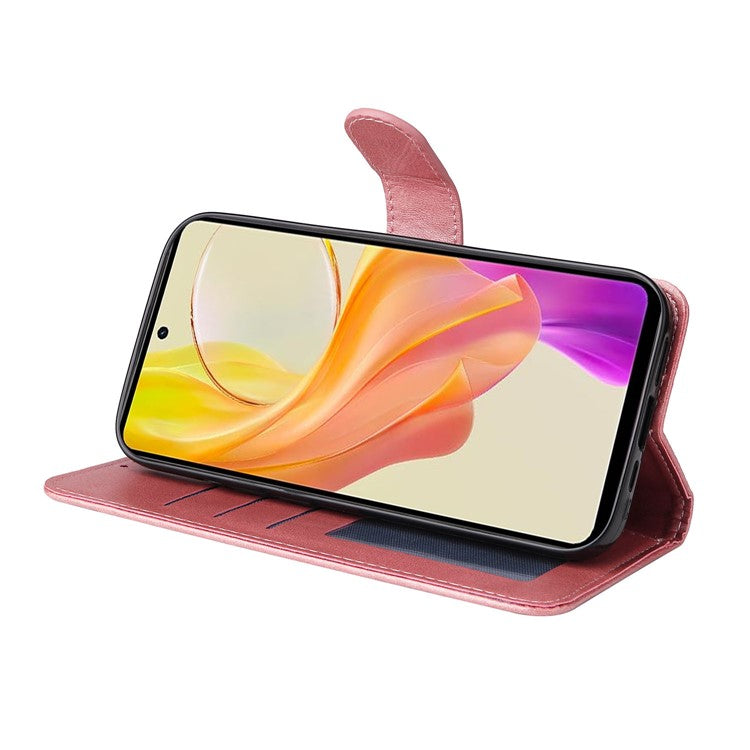 For vivo Y78+ 5G / Y78 5G Calf Texture Phone Cover Wallet Stand Cell Phone Case with Strap - Pink