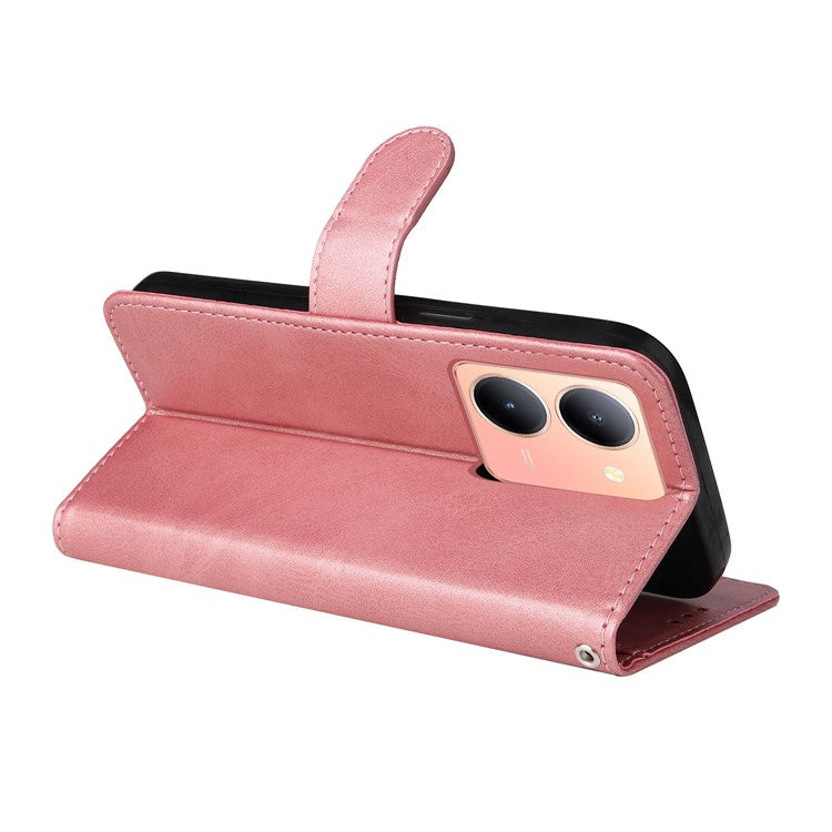 For vivo Y78+ 5G / Y78 5G Calf Texture Phone Cover Wallet Stand Cell Phone Case with Strap - Pink