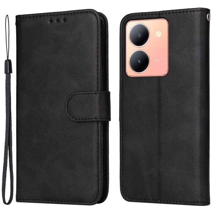 For vivo Y78+ 5G / Y78 5G Calf Texture Phone Cover Wallet Stand Cell Phone Case with Strap - Black