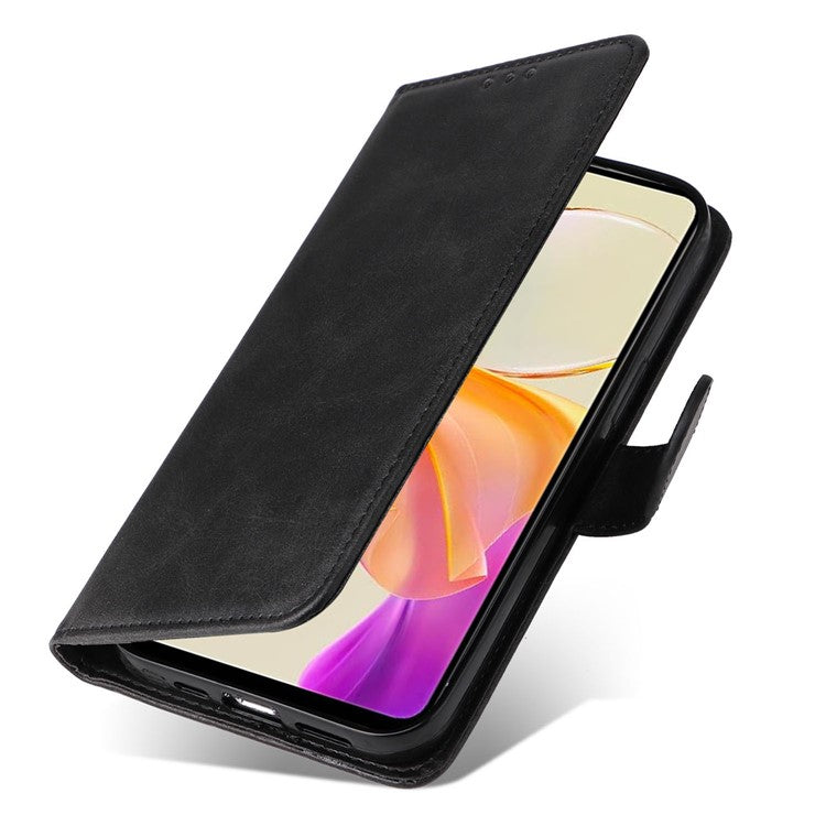 For vivo Y78+ 5G / Y78 5G Calf Texture Phone Cover Wallet Stand Cell Phone Case with Strap - Black