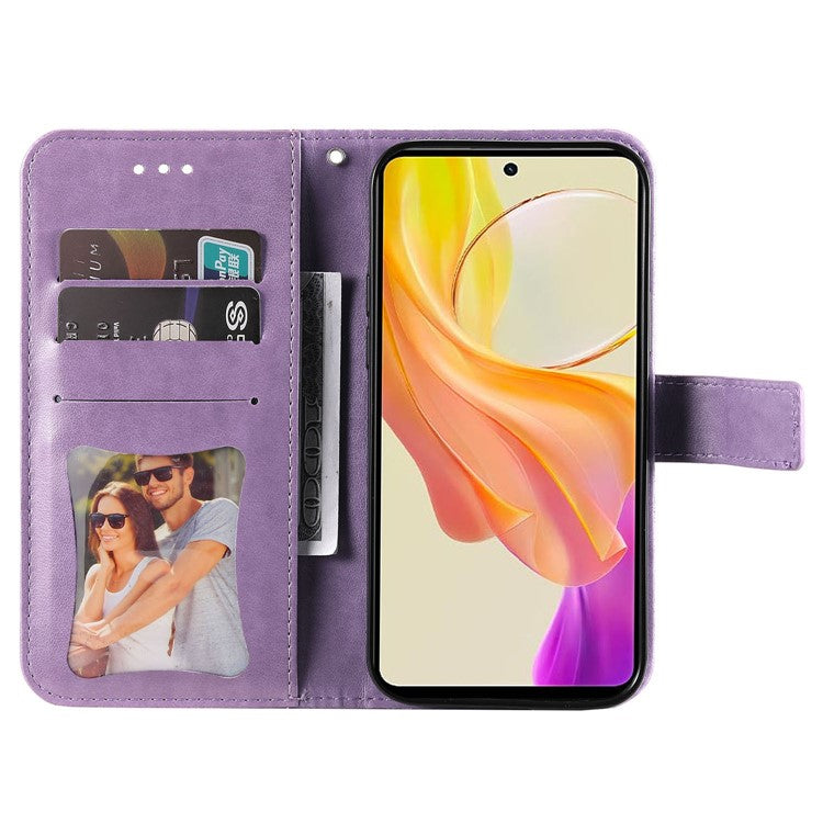 For vivo Y78+ 5G / Y78 5G Phone Case Flower Imprinting Phone Stand Wallet PU Leather Cover Shell - Purple