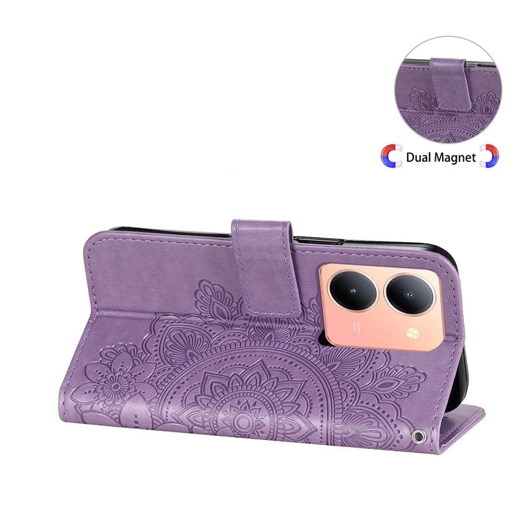 For vivo Y78+ 5G / Y78 5G Phone Case Flower Imprinting Phone Stand Wallet PU Leather Cover Shell - Purple