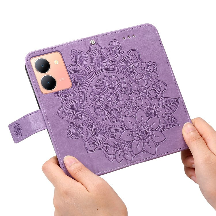 For vivo Y78+ 5G / Y78 5G Phone Case Flower Imprinting Phone Stand Wallet PU Leather Cover Shell - Purple