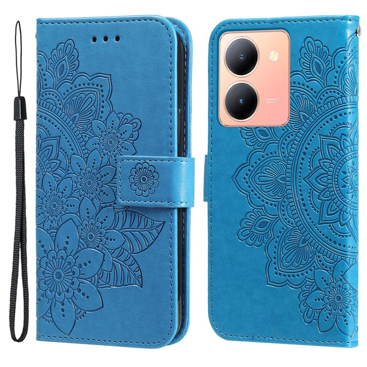 For vivo Y78+ 5G / Y78 5G Phone Case Flower Imprinting Phone Stand Wallet PU Leather Cover Shell - Blue