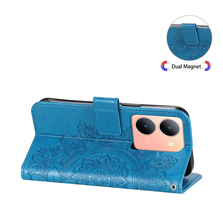 For vivo Y78+ 5G / Y78 5G Phone Case Flower Imprinting Phone Stand Wallet PU Leather Cover Shell - Blue