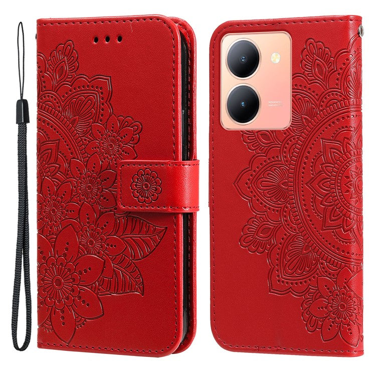 For vivo Y78+ 5G / Y78 5G Phone Case Flower Imprinting Phone Stand Wallet PU Leather Cover Shell - Red