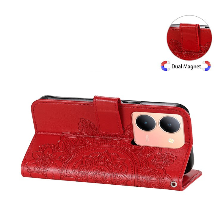 For vivo Y78+ 5G / Y78 5G Phone Case Flower Imprinting Phone Stand Wallet PU Leather Cover Shell - Red