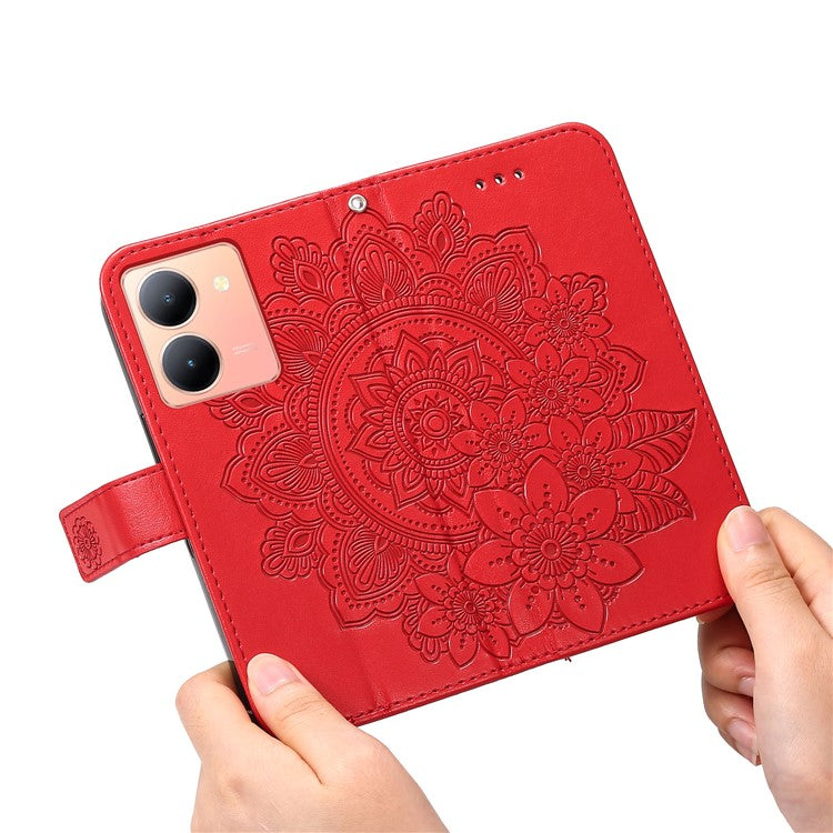 For vivo Y78+ 5G / Y78 5G Phone Case Flower Imprinting Phone Stand Wallet PU Leather Cover Shell - Red