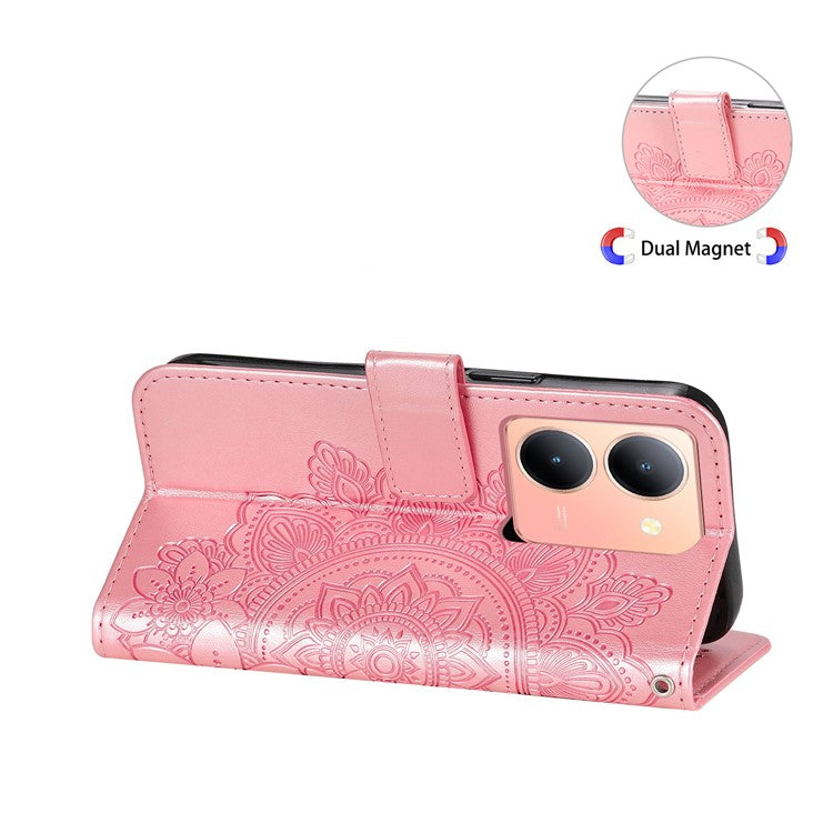 For vivo Y78+ 5G / Y78 5G Phone Case Flower Imprinting Phone Stand Wallet PU Leather Cover Shell - Pink