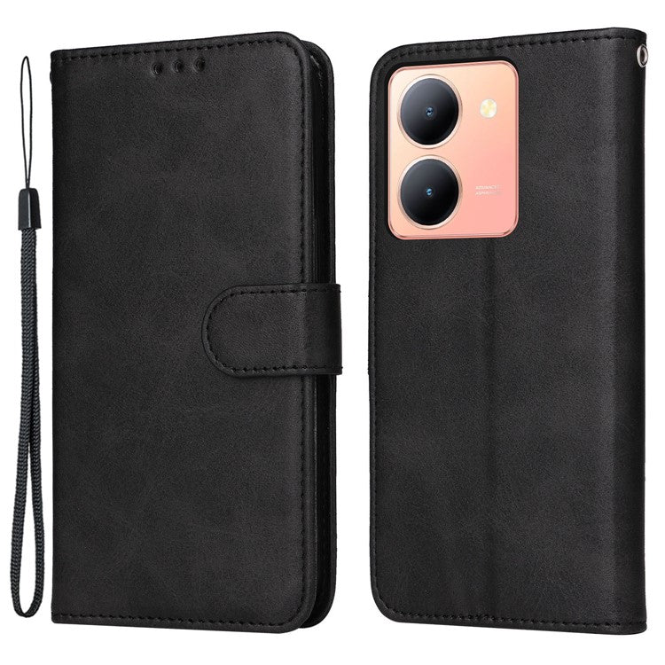 For vivo Y78 (China) 5G / Y36 4G (Global) / Y36 5G (Global) Phone Case Calf Texture Leather Wallet Stand Cover - Black