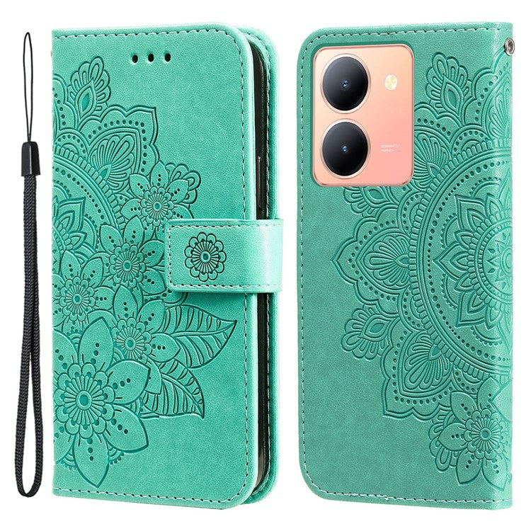 For vivo Y78 (China) 5G / Y36 4G / 5G Imprinted Flower PU Leather Cover Phone Case Stand Wallet Phone Shell - Green