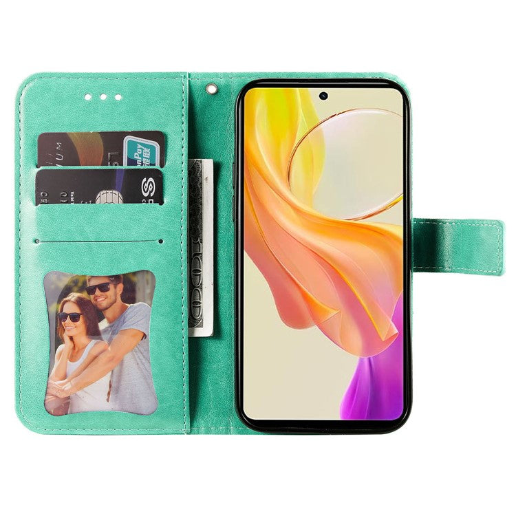 For vivo Y78 (China) 5G / Y36 4G / 5G Imprinted Flower PU Leather Cover Phone Case Stand Wallet Phone Shell - Green