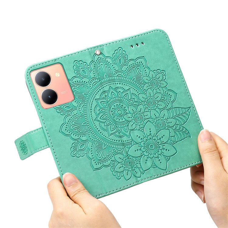 For vivo Y78 (China) 5G / Y36 4G / 5G Imprinted Flower PU Leather Cover Phone Case Stand Wallet Phone Shell - Green