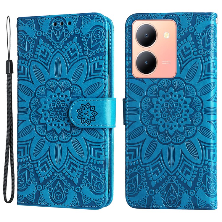 For vivo Y78 (China) 5G / Y36 4G (Global) / Y36 5G (Global) PU Leather Wallet Phone Cover Sunflower Imprinted Stand Case - Blue