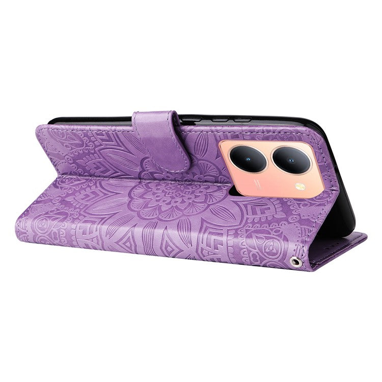 For vivo Y78 (China) 5G / Y36 4G (Global) / Y36 5G (Global) PU Leather Wallet Phone Cover Sunflower Imprinted Stand Case - Purple