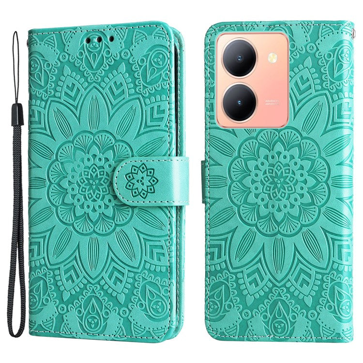 For vivo Y78 (China) 5G / Y36 4G (Global) / Y36 5G (Global) PU Leather Wallet Phone Cover Sunflower Imprinted Stand Case - Green