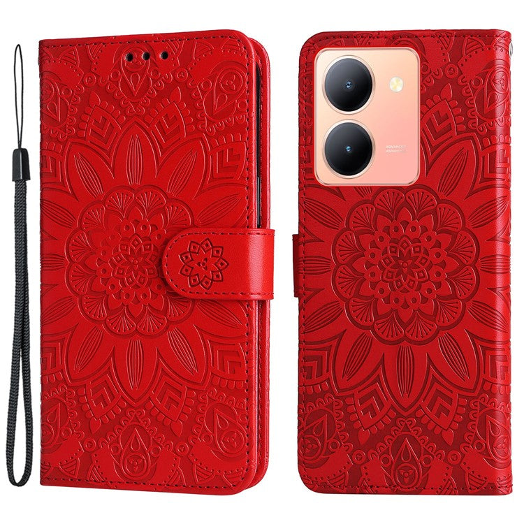 For vivo Y78 (China) 5G / Y36 4G (Global) / Y36 5G (Global) PU Leather Wallet Phone Cover Sunflower Imprinted Stand Case - Red