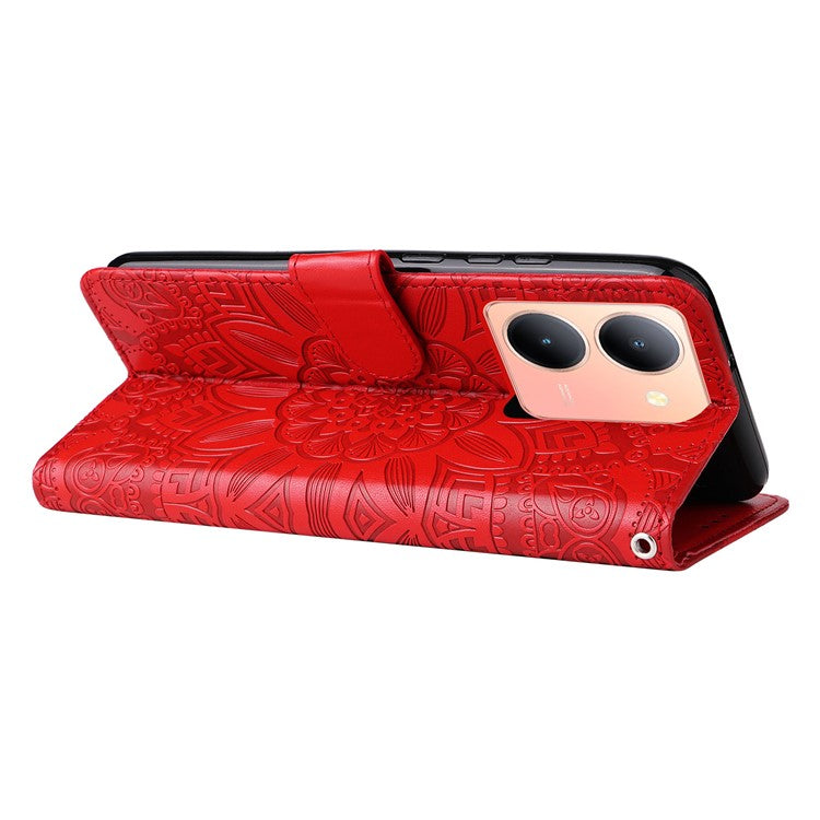 For vivo Y78 (China) 5G / Y36 4G (Global) / Y36 5G (Global) PU Leather Wallet Phone Cover Sunflower Imprinted Stand Case - Red