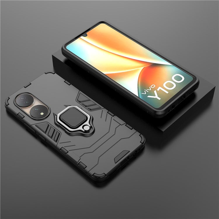 For vivo Y100 5G TPU + PC Hybrid Phone Case Finger Ring Kickstand Drop-proof Cover - Black