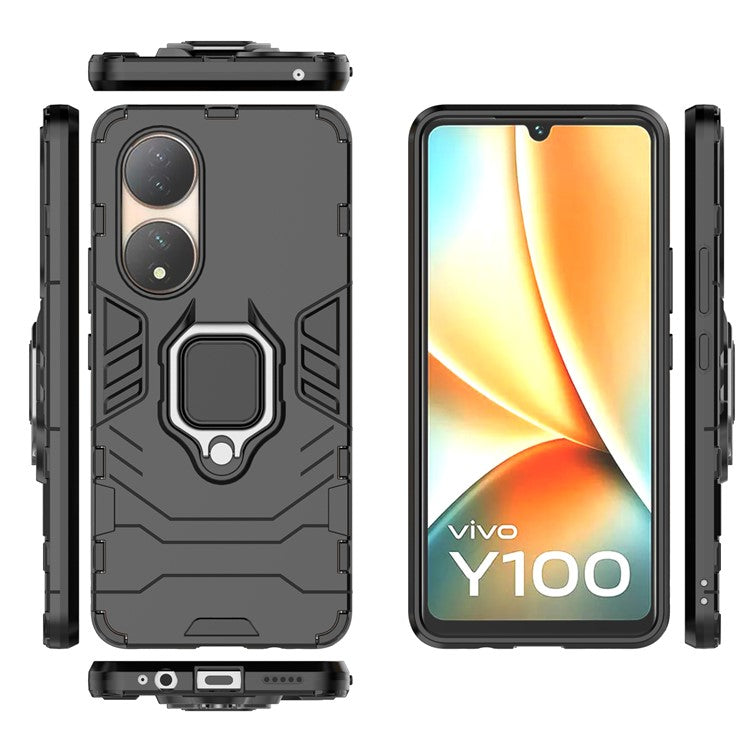 For vivo Y100 5G TPU + PC Hybrid Phone Case Finger Ring Kickstand Drop-proof Cover - Black