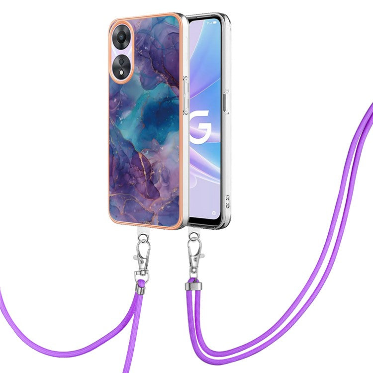 YB IMD Series-18 Style E for Oppo A78 5G / A58 5G Electroplating Phone Case 2.0mm TPU Marble Pattern Cover with Lanyard - Purple