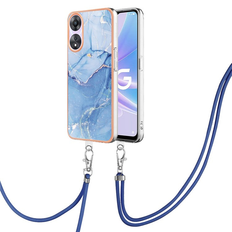 YB IMD Series-18 Style E for Oppo A78 5G / A58 5G Electroplating Phone Case 2.0mm TPU Marble Pattern Cover with Lanyard - Blue