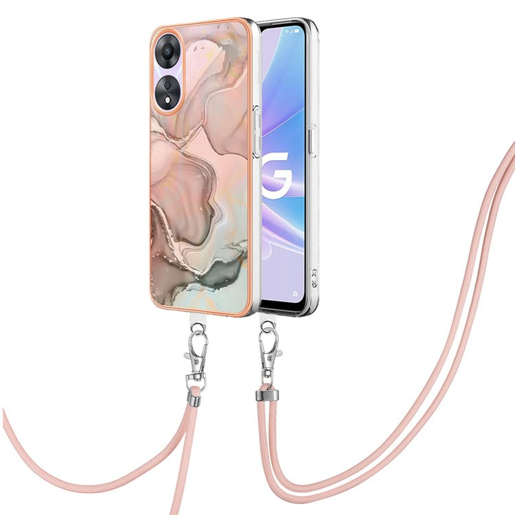 YB IMD Series-18 Style E for Oppo A78 5G / A58 5G Electroplating Phone Case 2.0mm TPU Marble Pattern Cover with Lanyard - Pink