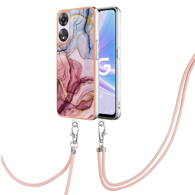 YB IMD Series-18 Style E for Oppo A78 5G / A58 5G Electroplating Phone Case 2.0mm TPU Marble Pattern Cover with Lanyard - Rose Gold