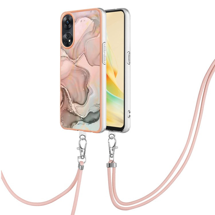 YB IMD Series-18 Style E for Oppo Reno8 T 4G Marble Pattern Design Phone Case Electroplating 2.0mm TPU IMD Phone Cover with Lanyard - Pink